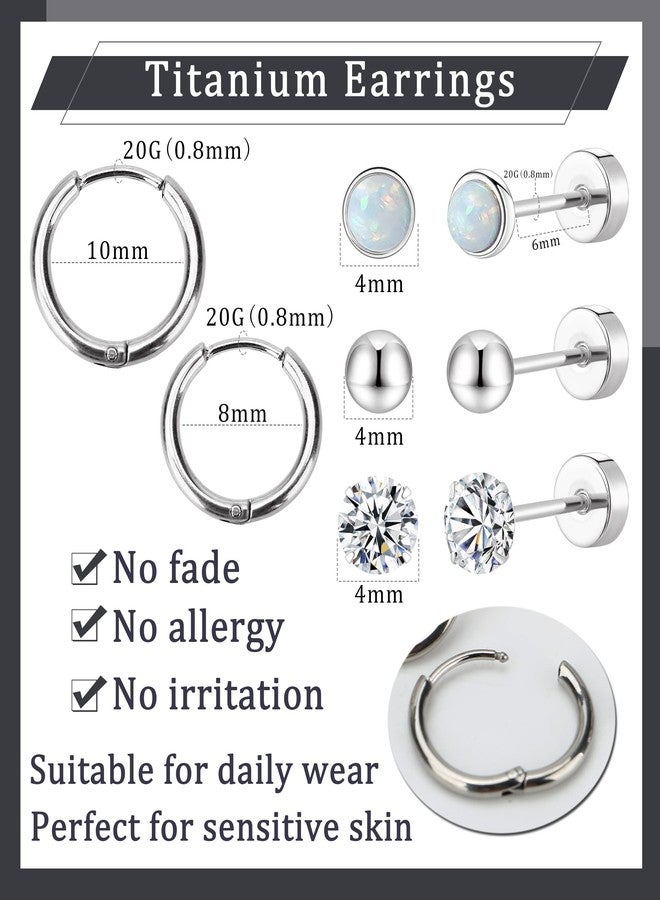 MJust Titanium Earrings for Sensitive Ears 20G Hypoallergenic Stud Hoop Earrings for Women Men Opal Ball CZ Heart Pearl Flat Back Earrings Cartilage Earrings Set - Image 4