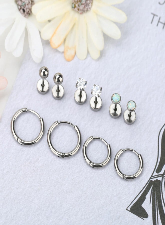 MJust Titanium Earrings for Sensitive Ears 20G Hypoallergenic Stud Hoop Earrings for Women Men Opal Ball CZ Heart Pearl Flat Back Earrings Cartilage Earrings Set - Image 5