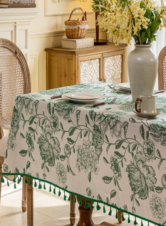 F-CHU Boho Tassel Tablecloth Cotton Linen Floral Tablecloths for Dining Room, Indoor and Dining Table Covers Home Decor, Rectangular Tablecloth 60 x 86 inches,Green - Image 3
