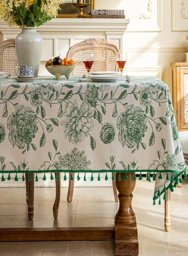 F-CHU Boho Tassel Tablecloth Cotton Linen Floral Tablecloths for Dining Room, Indoor and Dining Table Covers Home Decor, Rectangular Tablecloth 60 x 86 inches,Green - Image 4