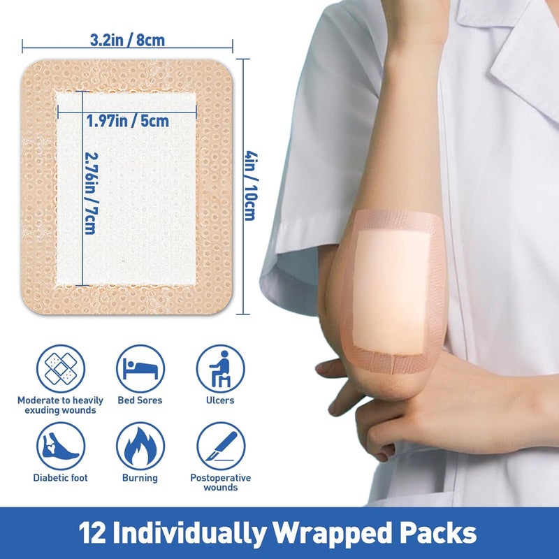 AZEN 12 عبوة ضمادات سيليكون فوم 32 × 4 ضمادات سيليكون مقاومة للماء مع لاصق حدودي ضمادات كبيرة للجروح لاصقة ذاتياً للعناية بالجروح والضمادات - Image 2