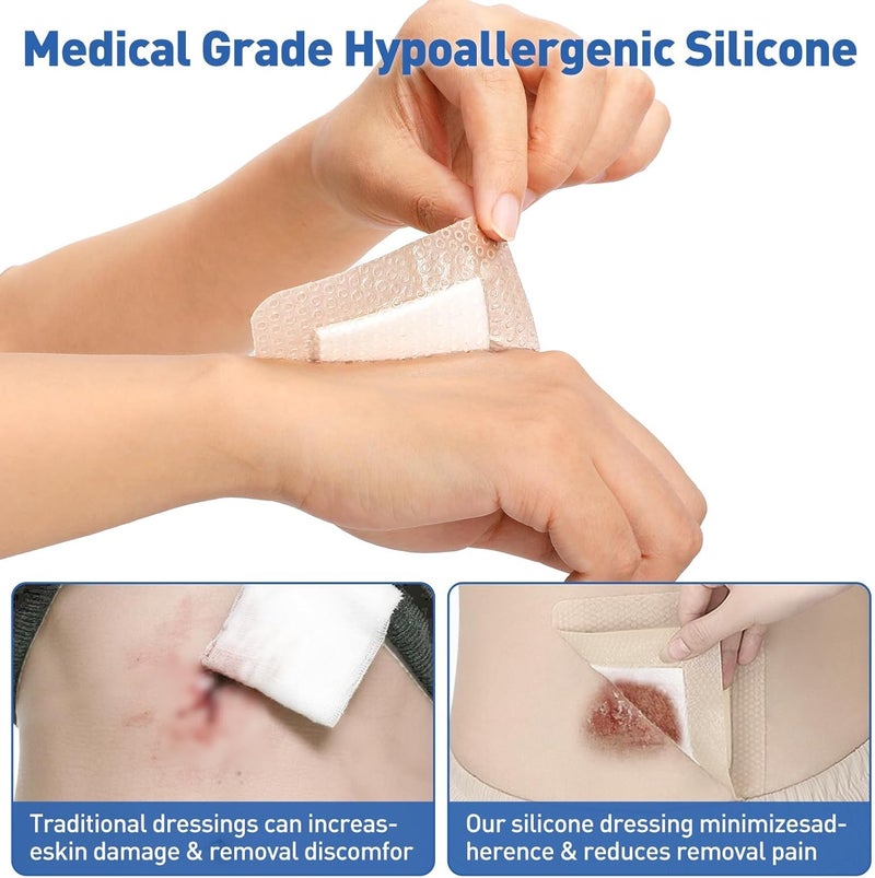 AZEN 12 عبوة ضمادات سيليكون فوم 32 × 4 ضمادات سيليكون مقاومة للماء مع لاصق حدودي ضمادات كبيرة للجروح لاصقة ذاتياً للعناية بالجروح والضمادات - Image 3