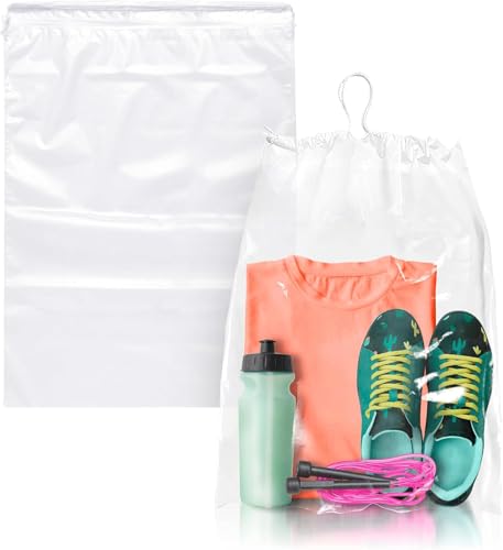APQ Supply Clear Drawstring Travel Bag for Shoes, 12 x 16 Inches. Pack of 100 Waterproof Dust Bags for Shoes with Double Cotton Drawstrings. 2 mil PE Plastic Drawstring Bags for Packing, Storage - Image 1