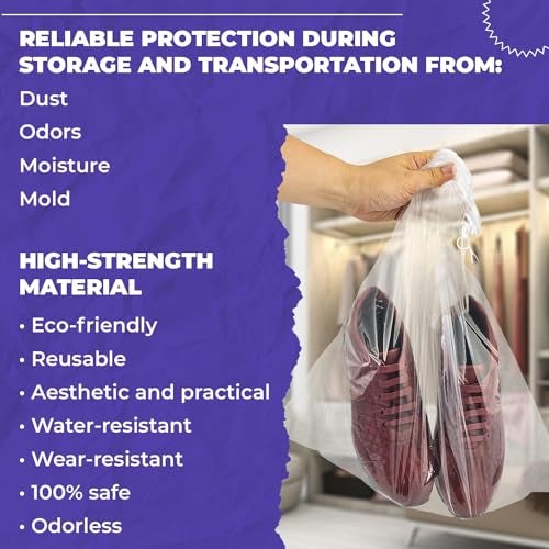 APQ Supply Clear Drawstring Travel Bag for Shoes, 12 x 16 Inches. Pack of 100 Waterproof Dust Bags for Shoes with Double Cotton Drawstrings. 2 mil PE Plastic Drawstring Bags for Packing, Storage - Image 3
