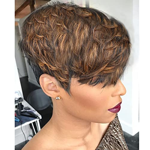 Yviann Short Human Hair Wig for Women Pixie Cut with Auburn Brown Ombre Top Similar to #30 Short Layered Wavy Curly Wig with Bangs F1B/30 - Image 1