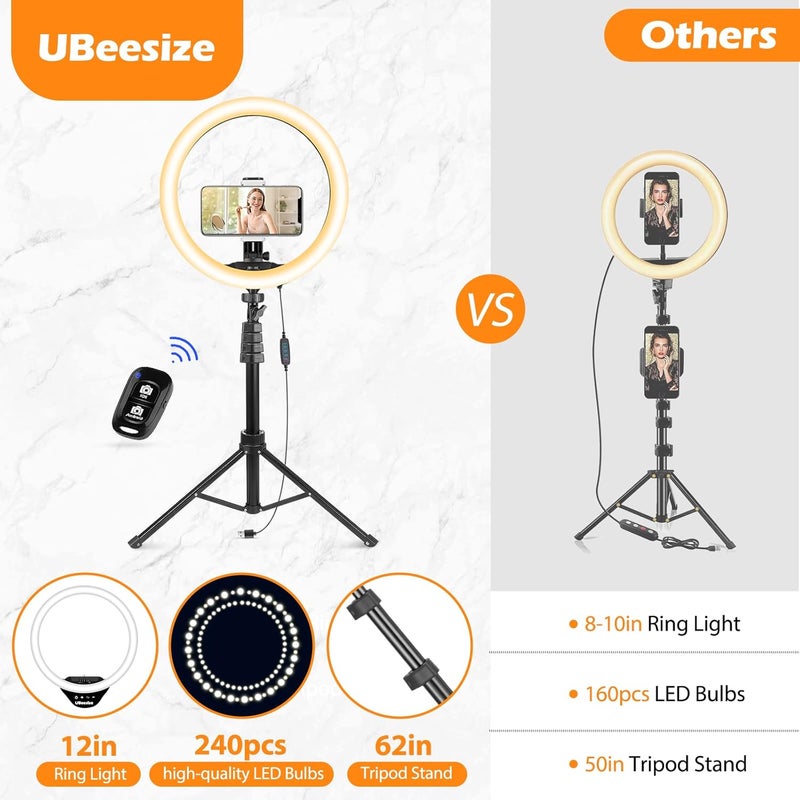 يوبيسايز ضوء حلقة 12.2 بوصة مع حامل عصا السيلفي 62 بوصة، ضوء حلقة LED مع حامل وحامل هاتف للتسجيل/المكياج/يوتيوب/تيك توك، متوافق مع الهاتف الخلوي والكاميرا - Image 5