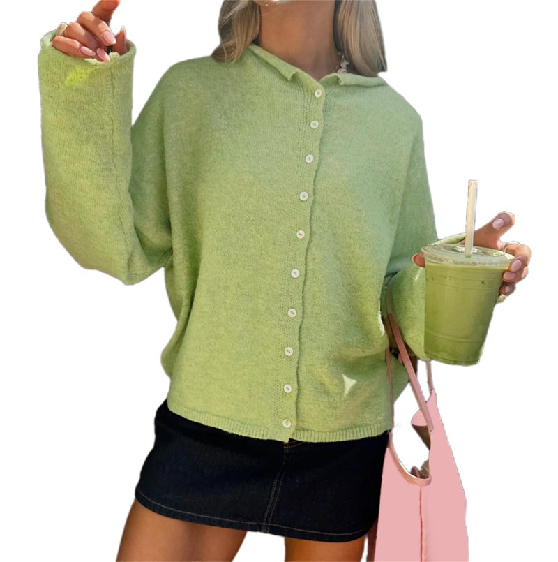 Yuemengxuan Women Knitted Cardigan Sweaters Long Sleeve Button Down Loose Knitwear Tops Y2k Vintage Jumper Knit Shirt (Light Green #A, M) - Image 1
