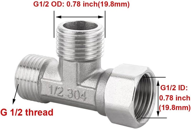 beduan Stainless Steel 1/2" G 3 Way Diverter, Movable Cap Flexible Tee Connector for Angled Valve, Bidet, Sprayer, Shower Arm (All 3 way is 1/2 G threaded!!, Thread ID/OD is 19.8MM/3/4") - Image 2