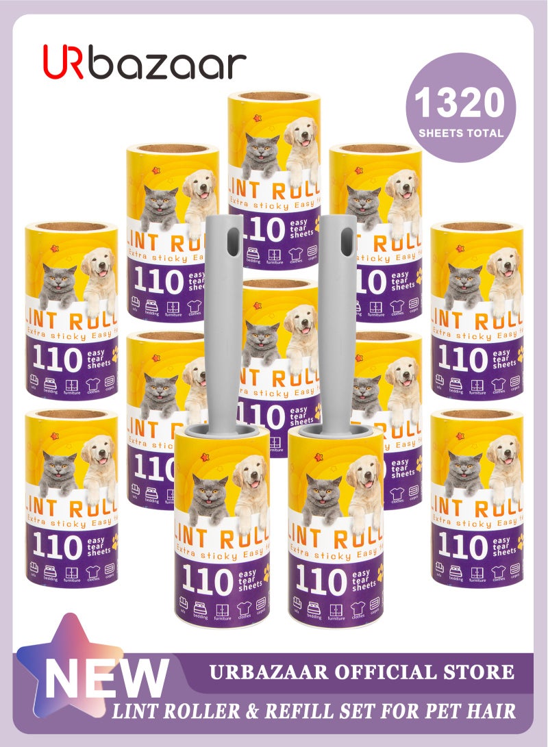 URbazaar Lint Roller (1320 sheets 2 handles) Portable & Reusable Pet Hair Fluff Brush Pet Hair Remover Kit, Sticky Roller with 12 Refills for Furniture Bedding Clothing - Image 1