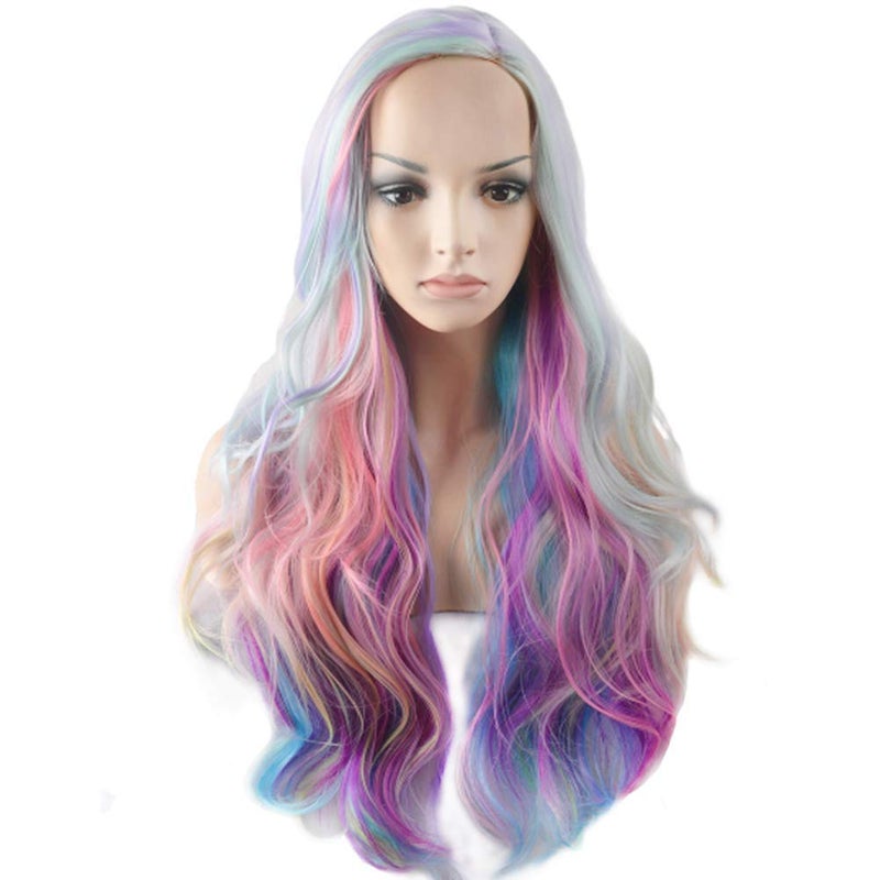 RightOn Rainbow Wig Long Curly Wig MultiColor Wigs Charming Full Wigs for Cosplay Girls Party or Daily Use Hairnet Included