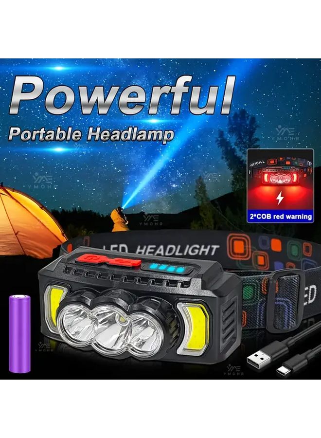 Black Head Flashlight with Red Warning USB Rechargeable Headlamp 7 Modes Adjustable for Fishing Hiking Camping - Image 2