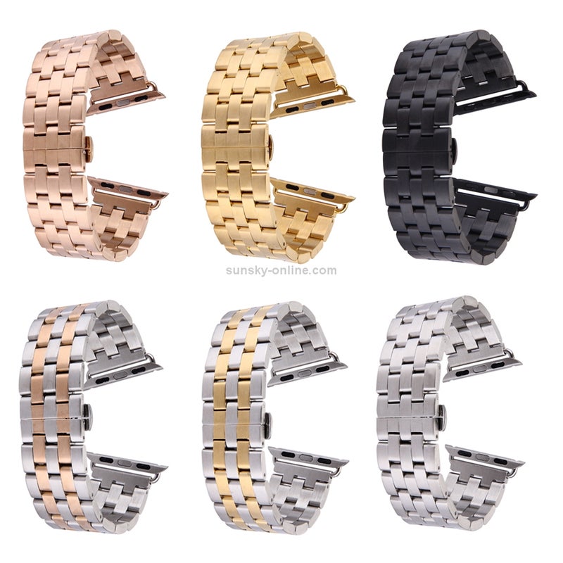 For Apple Watch 42mm Hidden Butterfly Buckle 5 Beads Stainless Steel Watchband(Rose Gold)