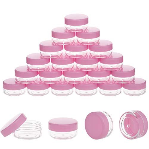 ZIZEMOJA 100 Pack 3 Gram Sample Containers with Lids 3ml Mini Sample Jars Tiny Plastic Cosmetic Containers for Lip Balms Makeup Lotion Eye Shadow Powder and Lip Balms Pink Lids - Image 1