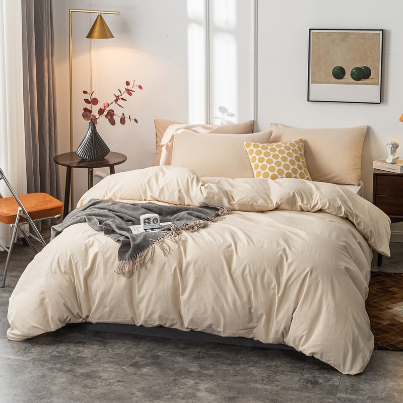 Janlive Washed Cotton Duvet Cover Twin Ultra Soft 100% Cotton Solid Color Beige Duvet Cover Set with Zipper Closure -2 Pieces Beige Twin - Image 2