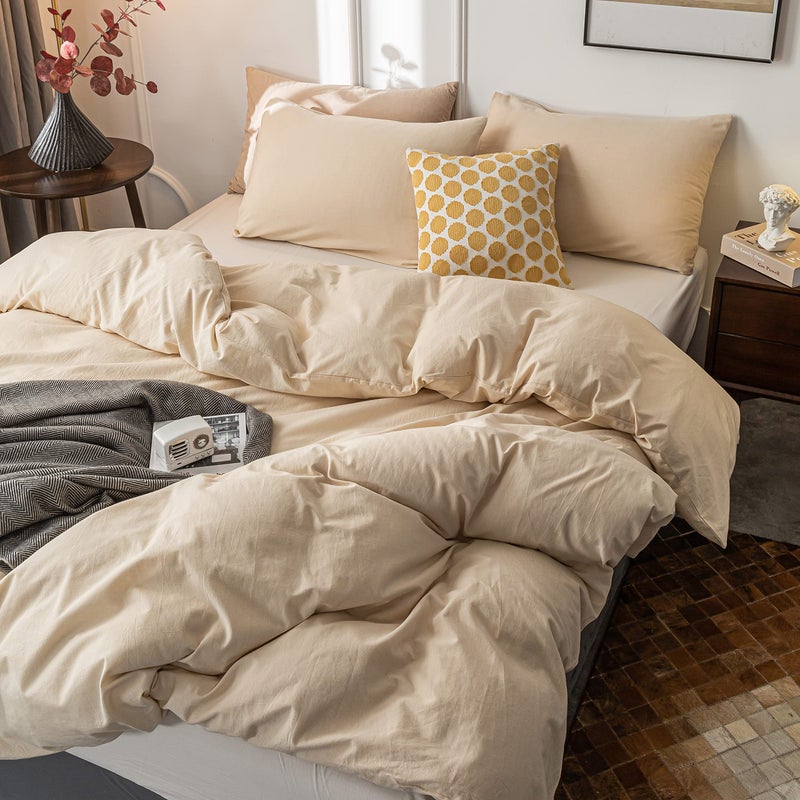 Janlive Washed Cotton Duvet Cover Twin Ultra Soft 100% Cotton Solid Color Beige Duvet Cover Set with Zipper Closure -2 Pieces Beige Twin - Image 4