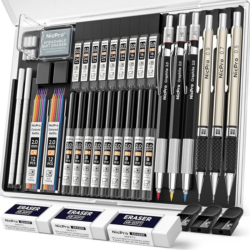 Nicpro 35-Piece Art Mechanical Pencil Set with 20 Lead Refills and Storage Case - Image 1
