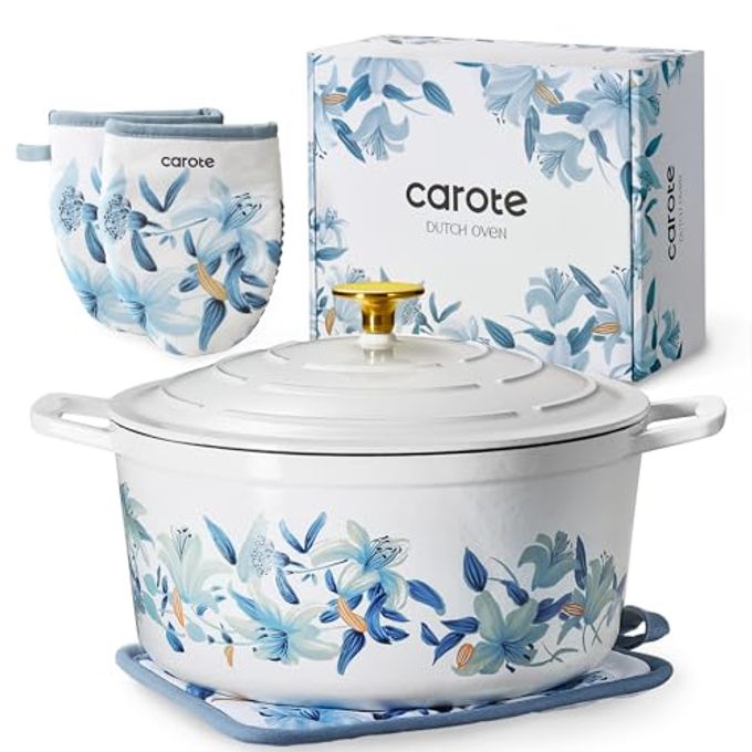CAROTE 7QT Cast Iron Dutch Oven Pot with Lid, Enameled Floral Dutch Ovens with Cotton Potholders & Oven Gloves, Versatile Heavy-Duty Cookware for Sourdough Bread Baking, Braising, Stews, All Stovetop Compatible, Oven Safe up to 500 F, White & Blue