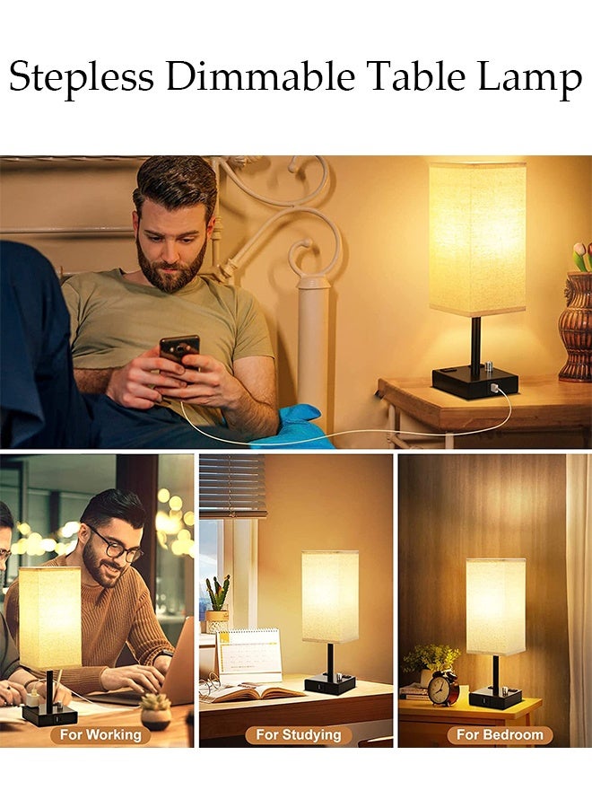 DUNISO Small Table Lamp with 3 Lighting Modes,Modern Bedroom Lamps with USB Charging Port & AC Outlet, Small Lamp Metal Base Round Flaxen Fabric Shade for Living Room,  Kids Room, Office Desk and Dorm - Image 2