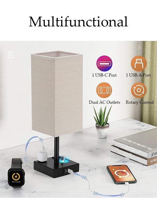 DUNISO Small Table Lamp with 3 Lighting Modes,Modern Bedroom Lamps with USB Charging Port & AC Outlet, Small Lamp Metal Base Round Flaxen Fabric Shade for Living Room,  Kids Room, Office Desk and Dorm - Image 3