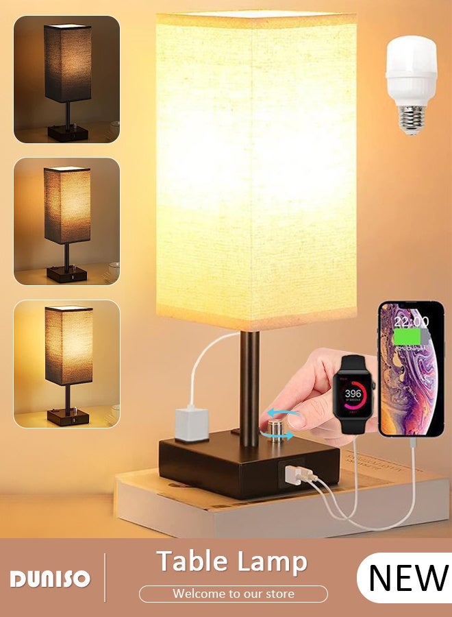 DUNISO Small Table Lamp with 3 Lighting Modes,Modern Bedroom Lamps with USB Charging Port & AC Outlet, Small Lamp Metal Base Round Flaxen Fabric Shade for Living Room,  Kids Room, Office Desk and Dorm - Image 1
