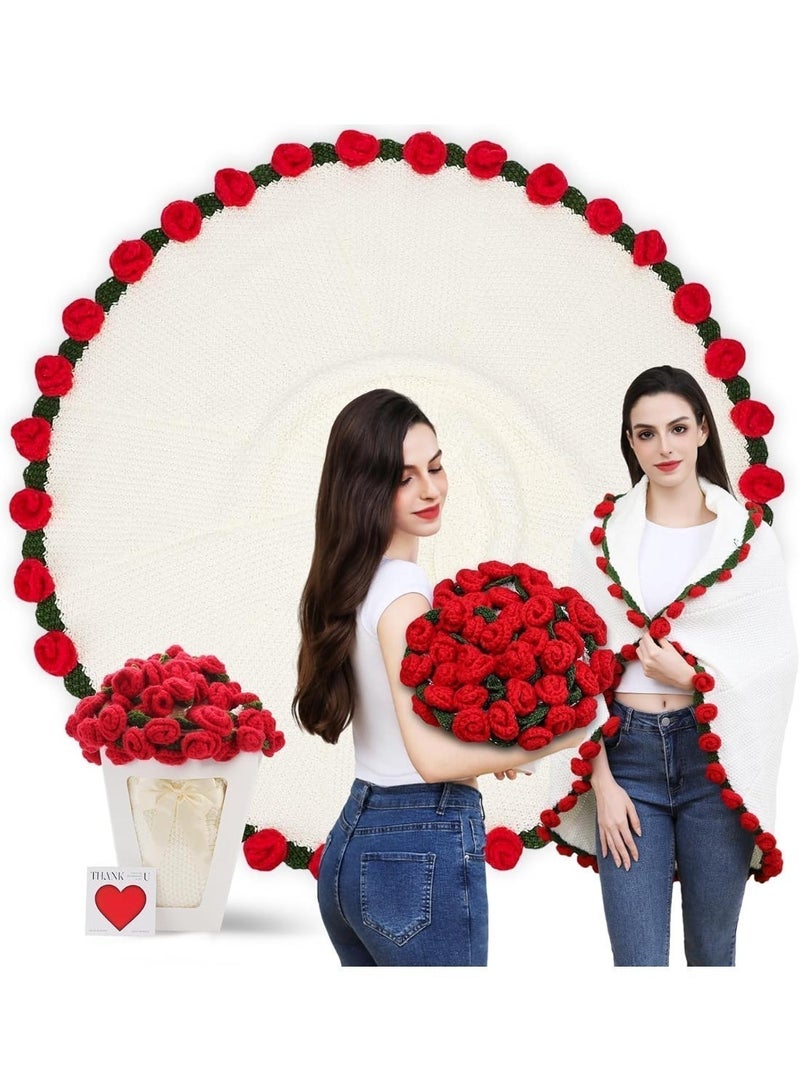 Crocheted Rose Blanket 43 Inch, Graduation Gift for Her & Teacher Appreciation, 2-in-1 Bouquet Throw, Soft Handmade Home Decor for Eid, Birthday & Wedding - Image 1