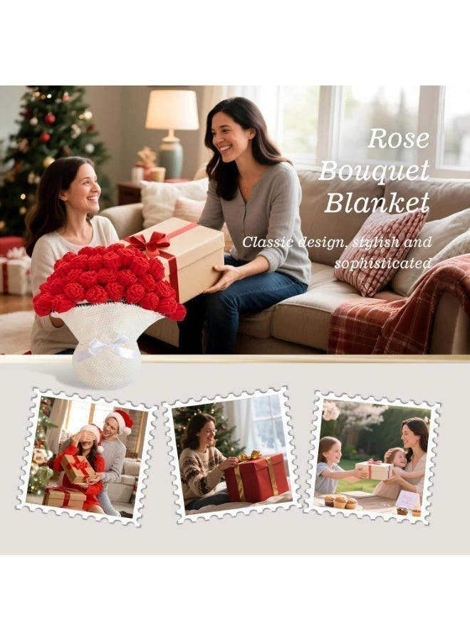 Crocheted Rose Blanket 43 Inch, Graduation Gift for Her & Teacher Appreciation, 2-in-1 Bouquet Throw, Soft Handmade Home Decor for Eid, Birthday & Wedding - Image 2