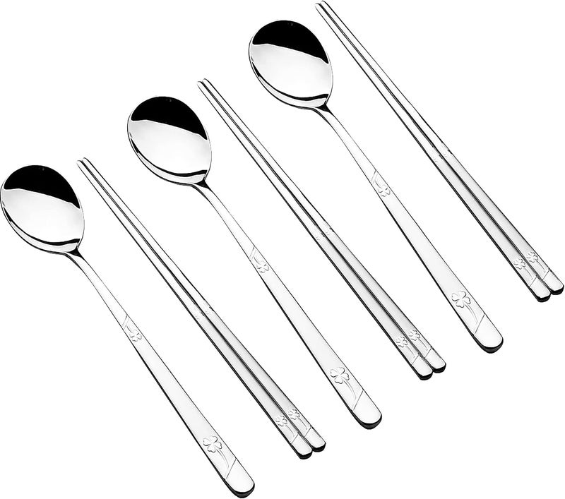 YAPULLYA Korean Metal Chopsticks and Spoons Set, Reusable Stainless Steel Flatware Chopsticks and Spoons with long-hand, set of 3 (Lucky Clover) - Image 1