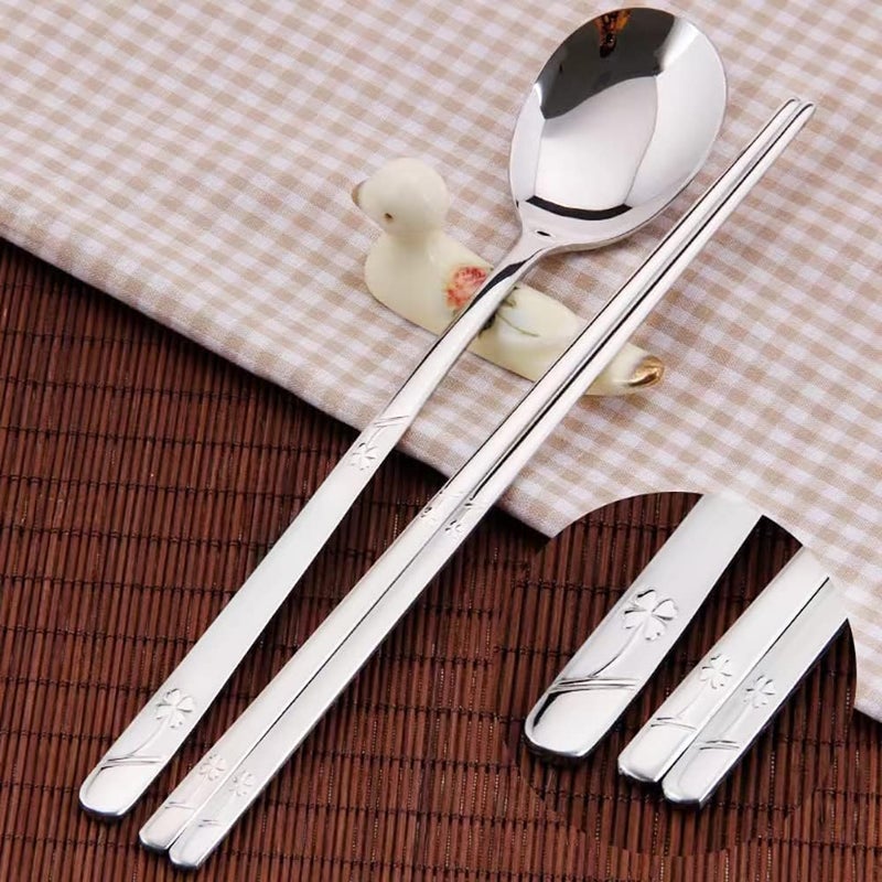 YAPULLYA Korean Metal Chopsticks and Spoons Set, Reusable Stainless Steel Flatware Chopsticks and Spoons with long-hand, set of 3 (Lucky Clover) - Image 5