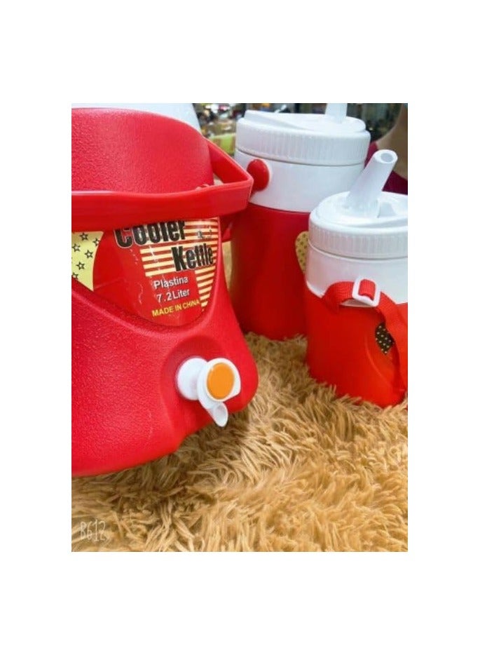 مجموعة من 4 مبرد مياه معزول من البلاستيك شديد التحمل يحافظ على البرودة سعة 0.4 لتر و1 لتر و2.2 لتر و7.2 لتر للسفر والنزهات احمر - Image 2