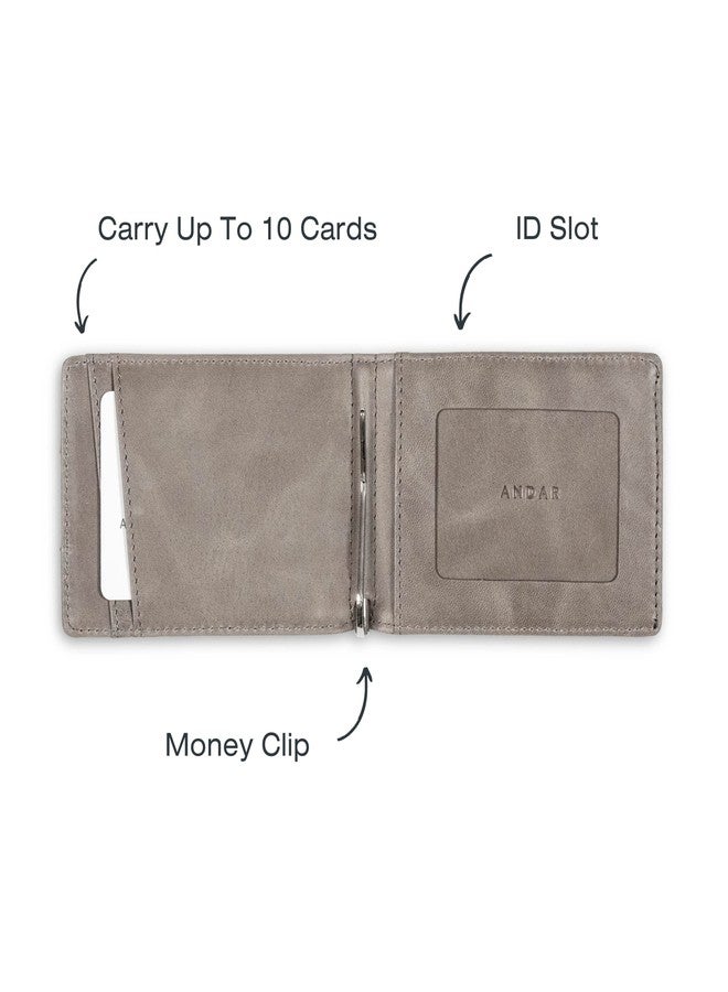 Andar The Apollo Leather Slim RFID Blocking Minimalist Bifold Wallet with Money Clip and ID Slot made of Full Grain Leather Elastic Pull Tab (Stone Gray) - Image 4