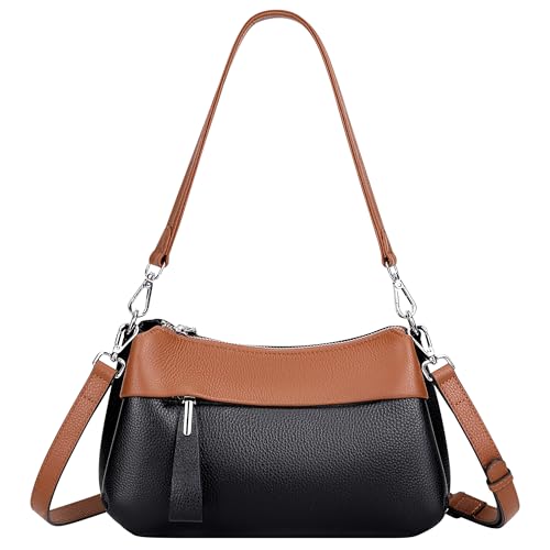 Over Earth Genuine Leather Crossbody Bags for Women Small Hobo Handbags Shoulder Purses with 2 Detachable Straps(O111-2E Black/Brown) - Image 1