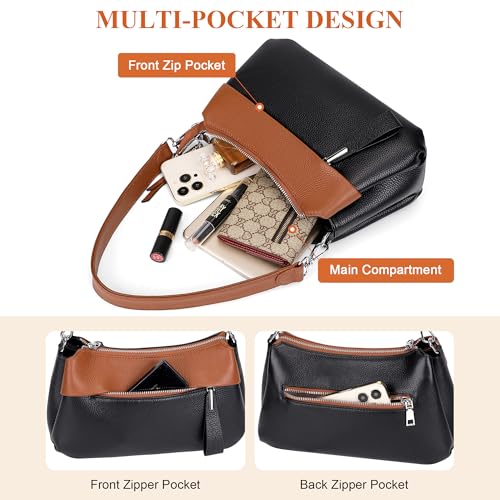 Over Earth Genuine Leather Crossbody Bags for Women Small Hobo Handbags Shoulder Purses with 2 Detachable Straps(O111-2E Black/Brown) - Image 5