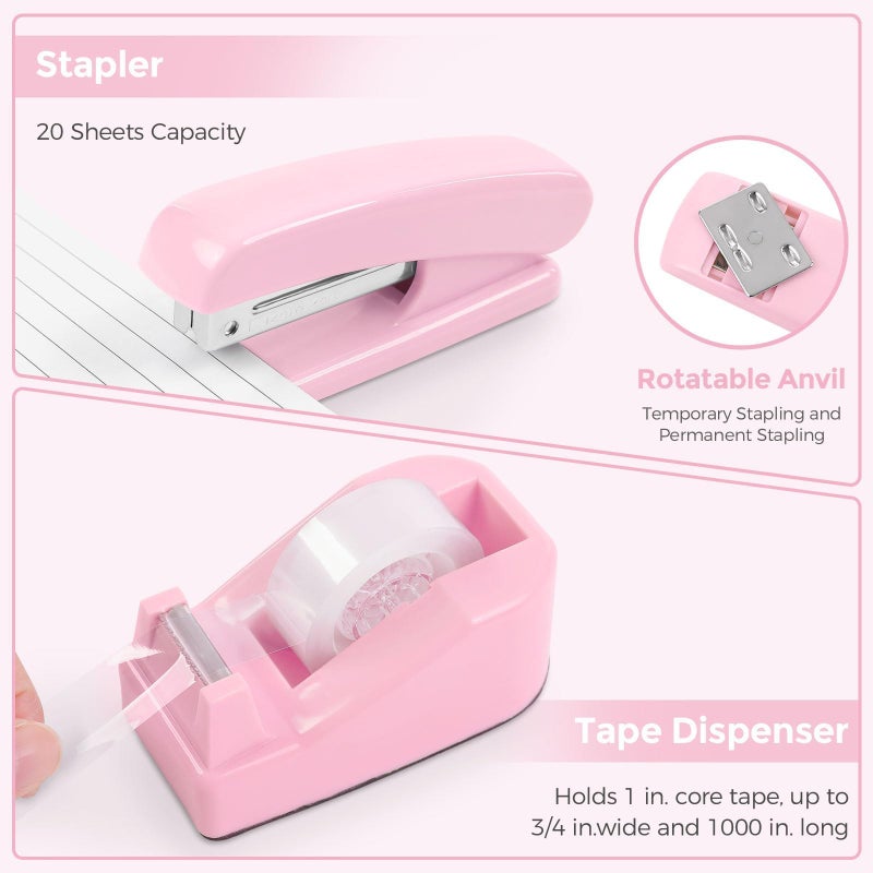 SKYDUE Pink Desk Accessories, Pink Office Supplies Set, Mesh Desk Organizer, Stapler, Tape Dispenser, Scissors, Binder/Paper Clips and 1000pcs Staples,Desk Organizer for Women - Image 2