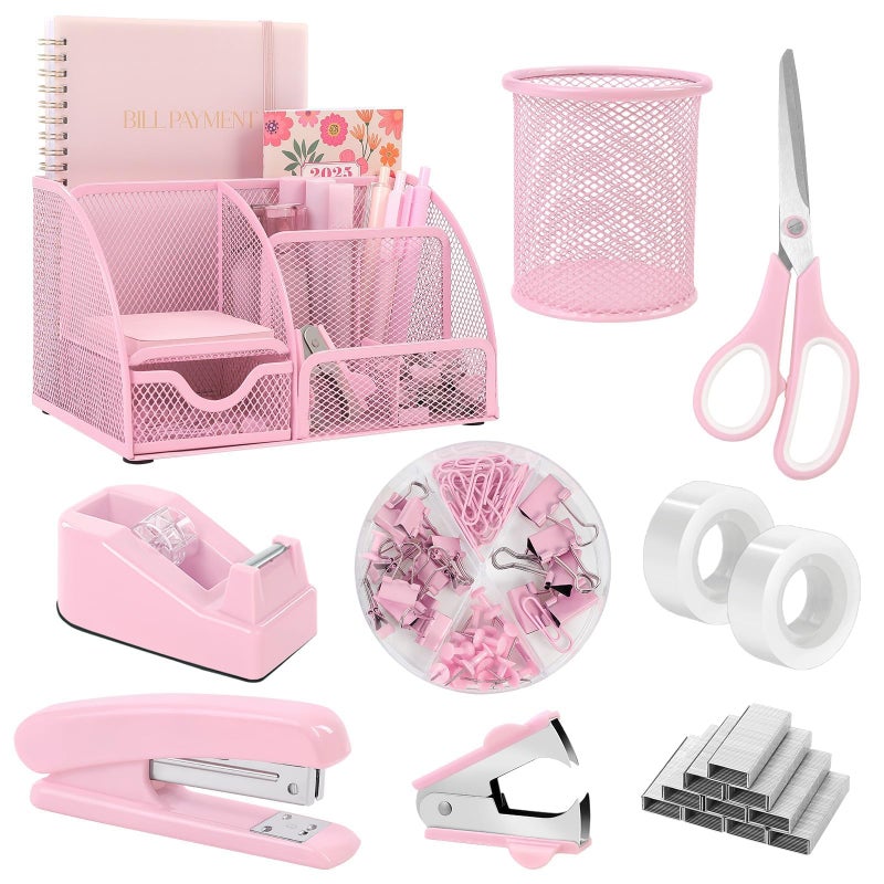 SKYDUE Pink Desk Accessories, Pink Office Supplies Set, Mesh Desk Organizer, Stapler, Tape Dispenser, Scissors, Binder/Paper Clips and 1000pcs Staples,Desk Organizer for Women - Image 1
