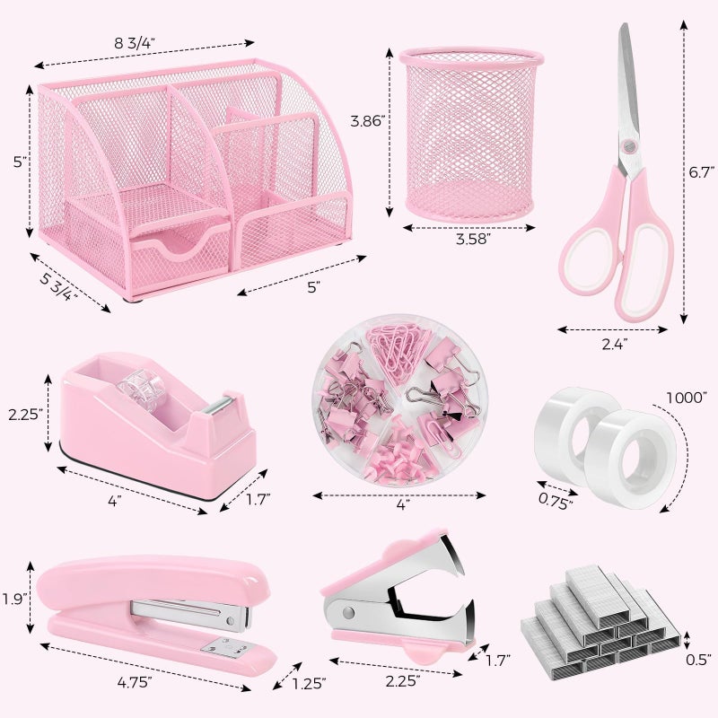 SKYDUE Pink Desk Accessories, Pink Office Supplies Set, Mesh Desk Organizer, Stapler, Tape Dispenser, Scissors, Binder/Paper Clips and 1000pcs Staples,Desk Organizer for Women - Image 4