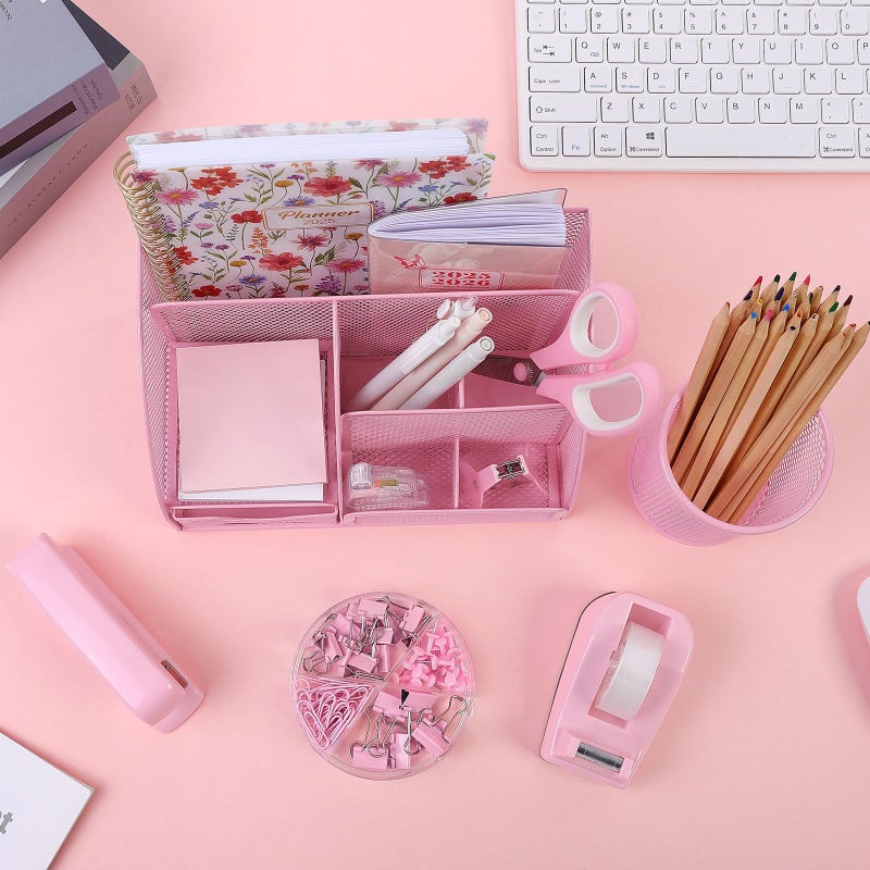 SKYDUE Pink Desk Accessories, Pink Office Supplies Set, Mesh Desk Organizer, Stapler, Tape Dispenser, Scissors, Binder/Paper Clips and 1000pcs Staples,Desk Organizer for Women - Image 5