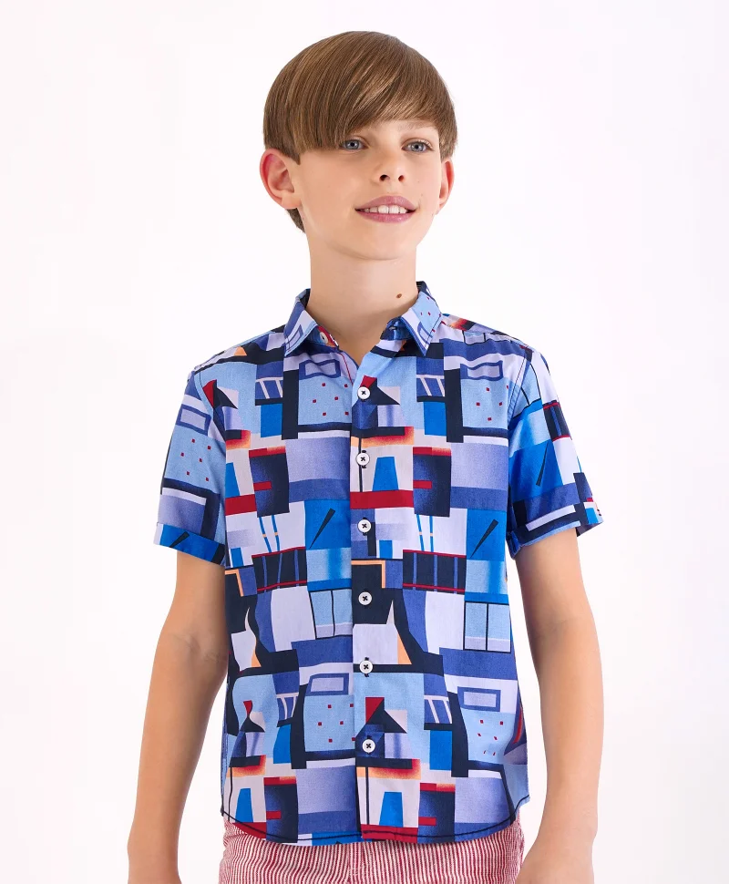 Primo Gino Primo Gino 100% Cotton Half Sleeves Abstract Printed Shirt - Navy Blue