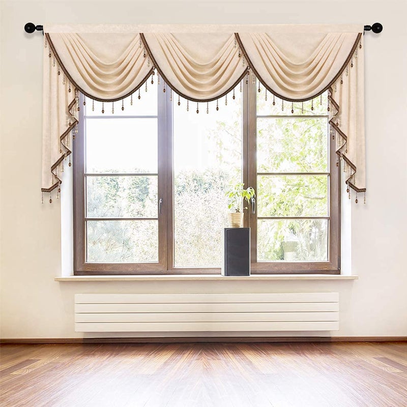 ELKCA Thick Chenille Window Curtains Valance for Living Room Beige Valance with Beads for BedroomRod Pocket W79inch1 Panel