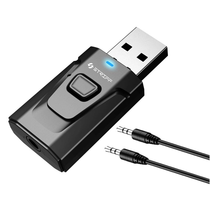 STRIFF Bluetooth Car Adapter, Mini Bluetooth 5.0 Transmitter Receiver Wireless 3.5mm Aux Jack Adapter Hands-Free Car Kit Built-in Mic for Car Aux, Home, Headphones, PC,TV and More(Black) - Image 4