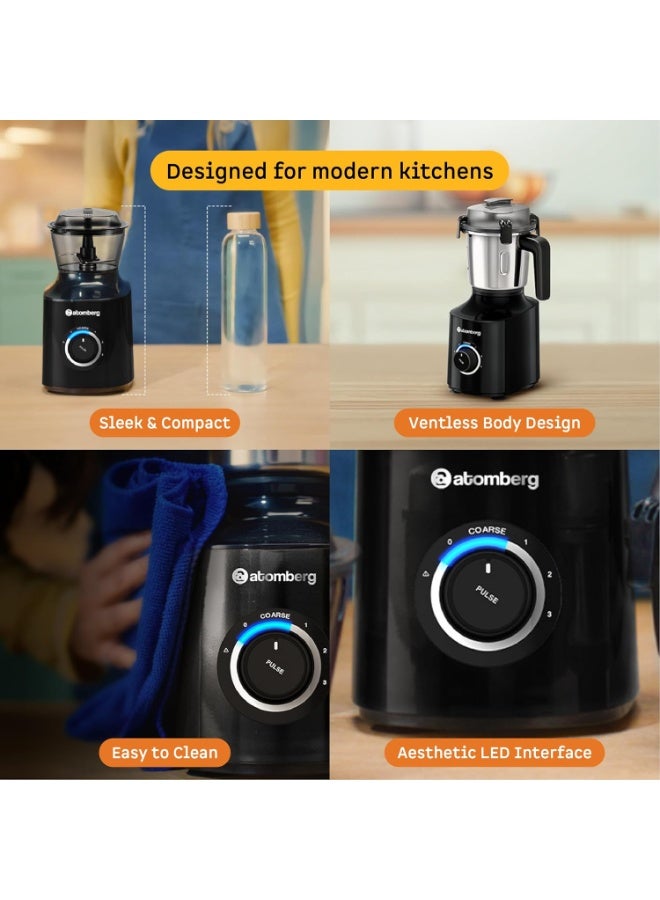 Atomberg Zenova Mixer Grinder | Unique Coarse Mode for Silbatta-like Texture | Intelligent BLDC Motor | Safety Features | 4 Jars including Chopper | Hands-Free Operation (Black) - Image 3