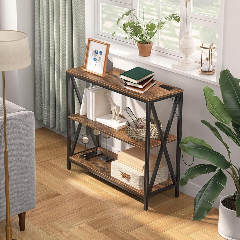 Gogoya 3 Tiers Adjustable Console Table with Charging Station, Entryway Table, Coffee Corner with Storage Shelf and Power Outlet Entryway Table for Couch Hallway Entrance Living Room (Brown) - Image 3