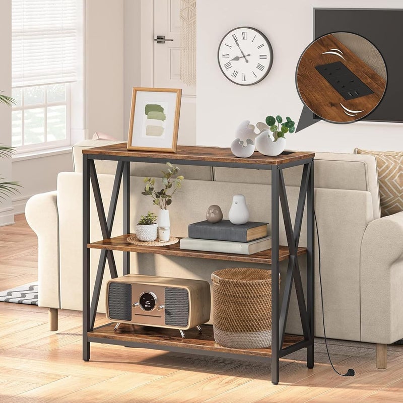 Gogoya 3 Tiers Adjustable Console Table with Charging Station, Entryway Table, Coffee Corner with Storage Shelf and Power Outlet Entryway Table for Couch Hallway Entrance Living Room (Brown) - Image 1
