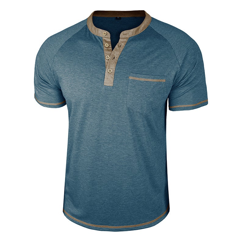 2026 Summer Cross-Border Men''s Short-Sleeved Henley Shirt Retro Color Matching T-Shirt Export and Men''s Tops - Image 4