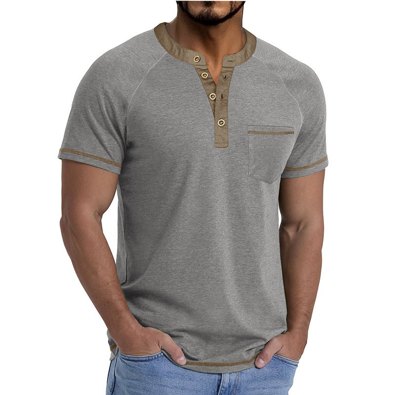 2026 Summer Cross-Border Men''s Short-Sleeved Henley Shirt Retro Color Matching T-Shirt Export and Men''s Tops - Image 1