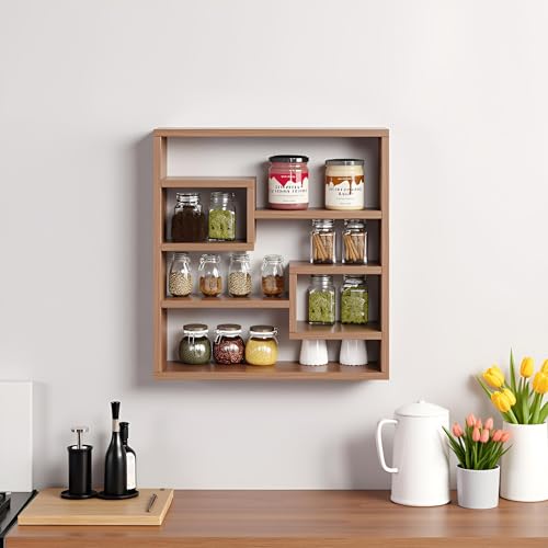 FURNEASER Brian Kitchen Rack Shelf Multipurpose Wooden Wall Mounted Spice Jar Rack Shelves for Kitchen Storage Kitchen Shelf Organizer Kitchen item Containers Hanging Shelves (Exotic Teak) - Image 1