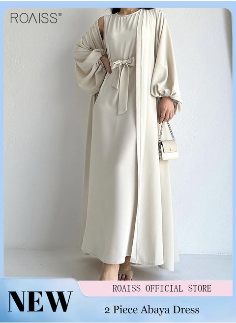 2 Piece Cardigan Abaya Dress Women'S Everyday Formal Occasion Sleeveless Dress And Balloon Sleeve Cardigan Coat