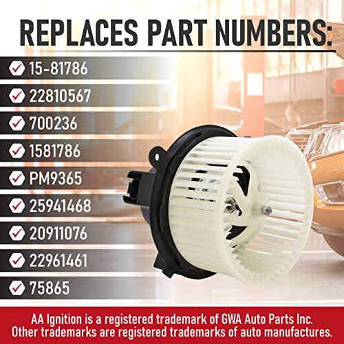 AA Ignition AC Heater Blower Motor with Fan - Compatible with Buick, Chevy, GMC & Saturn Vehicles - Enclave, Silverado, Silverado 3500 HD, Traverse, Acadia, Sierra - Replaces 15-81786, 22810567, 700236 - Image 3