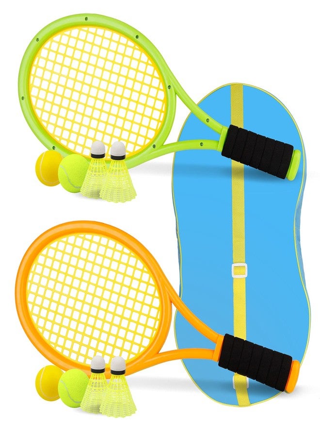 Crefotu Kids Tennis Racket,17 Inch Plastic Tennis Racket with 2 Soft Balls,2 Tennis Balls and 4 Shuttlecocks for Kid,Toddler Outdoor/Indoor Sport Play (Orange & Green) - Image 1