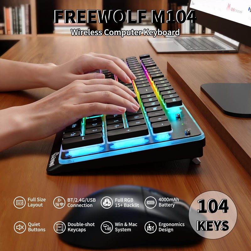 Free wolf FREEWOLF M104 RGB Wireless Computer Keyboard, Ergonomic Membrane Low Profile Keys, 2.4G/BT/USB Wired, Spill-Resistant, 4000mAh, Silent 104 Key Full-size with Numeric Keypad for PC Laptop Mac - Black - Image 2
