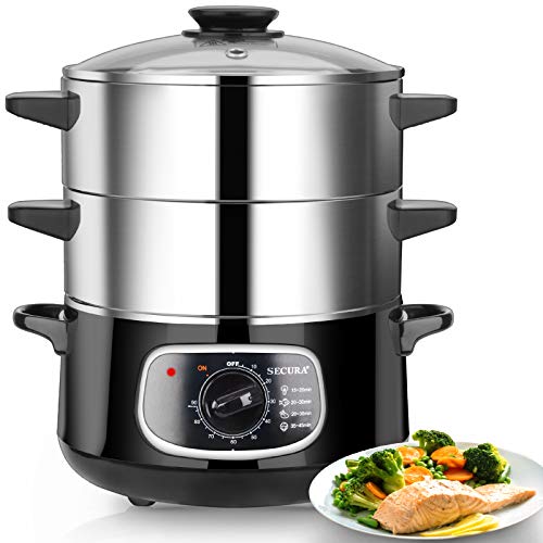 Secura 2 Stainless Steel Food Steamer 8.5 Qt Electric Glass Lid Vegetable Steamer Double Tiered Stackable Baskets with Timer - Image 1